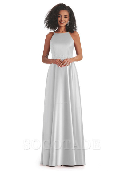 Soft Satin A-Line Halter Floor-Length Modern African Bridesmaid Dresses