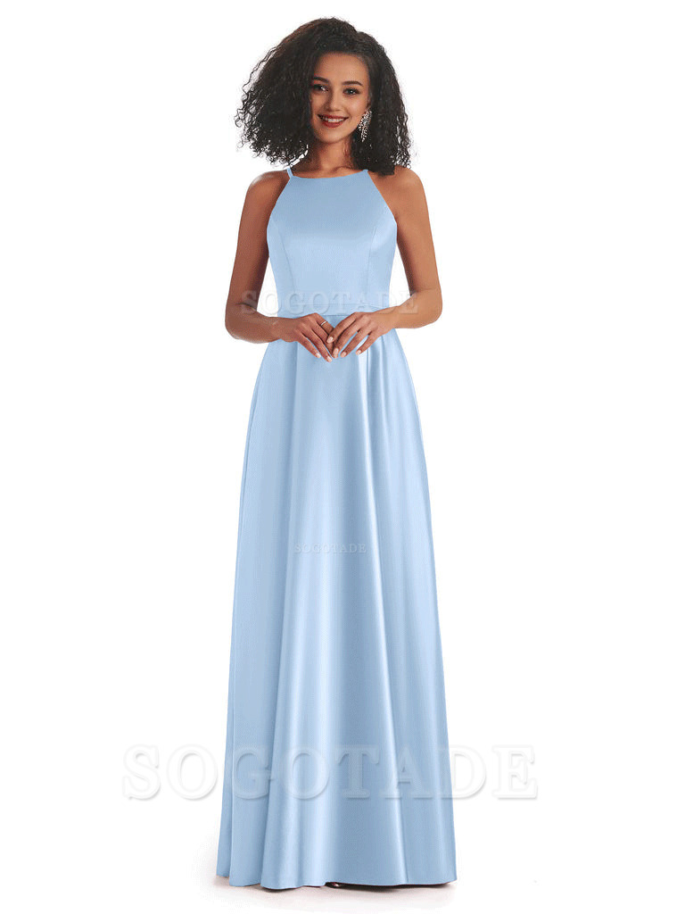 Soft Satin A-Line Halter Floor-Length Modern African Bridesmaid Dresses