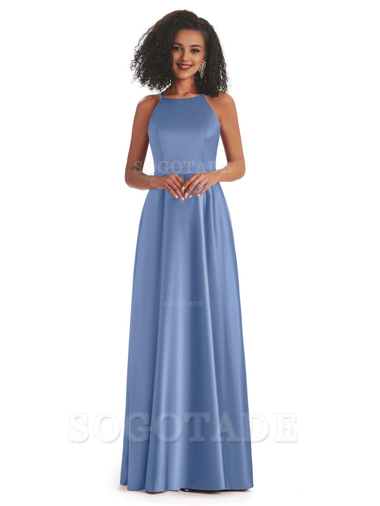 Soft Satin A-Line Halter Floor-Length Modern African Bridesmaid Dresses