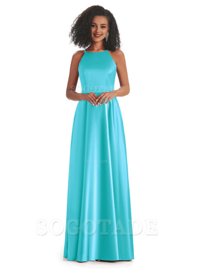 Soft Satin A-Line Halter Floor-Length Modern African Bridesmaid Dresses