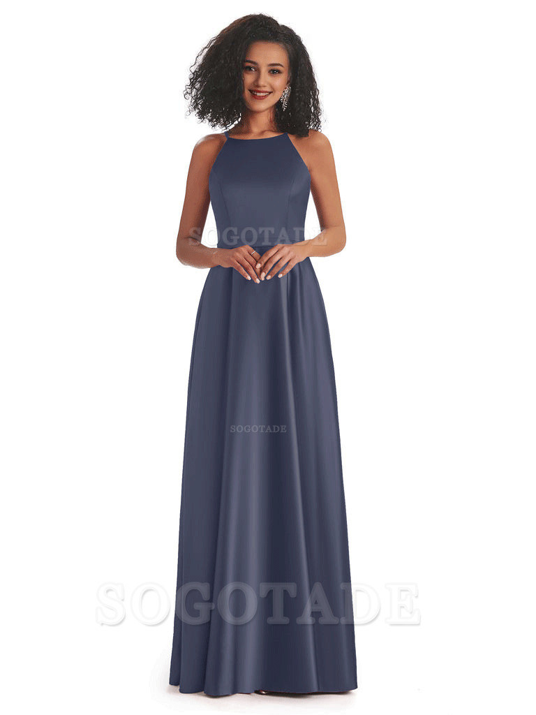 Soft Satin A-Line Halter Floor-Length Modern African Bridesmaid Dresses