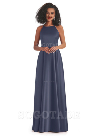 Soft Satin A-Line Halter Floor-Length Modern African Bridesmaid Dresses