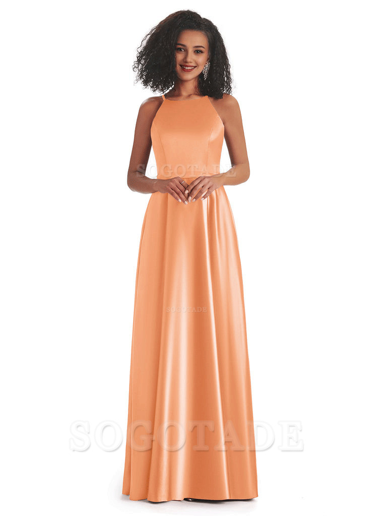 Soft Satin A-Line Halter Floor-Length Modern African Bridesmaid Dresses