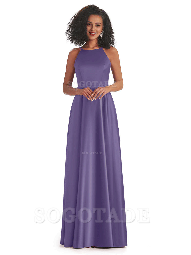 Soft Satin A-Line Halter Floor-Length Modern African Bridesmaid Dresses