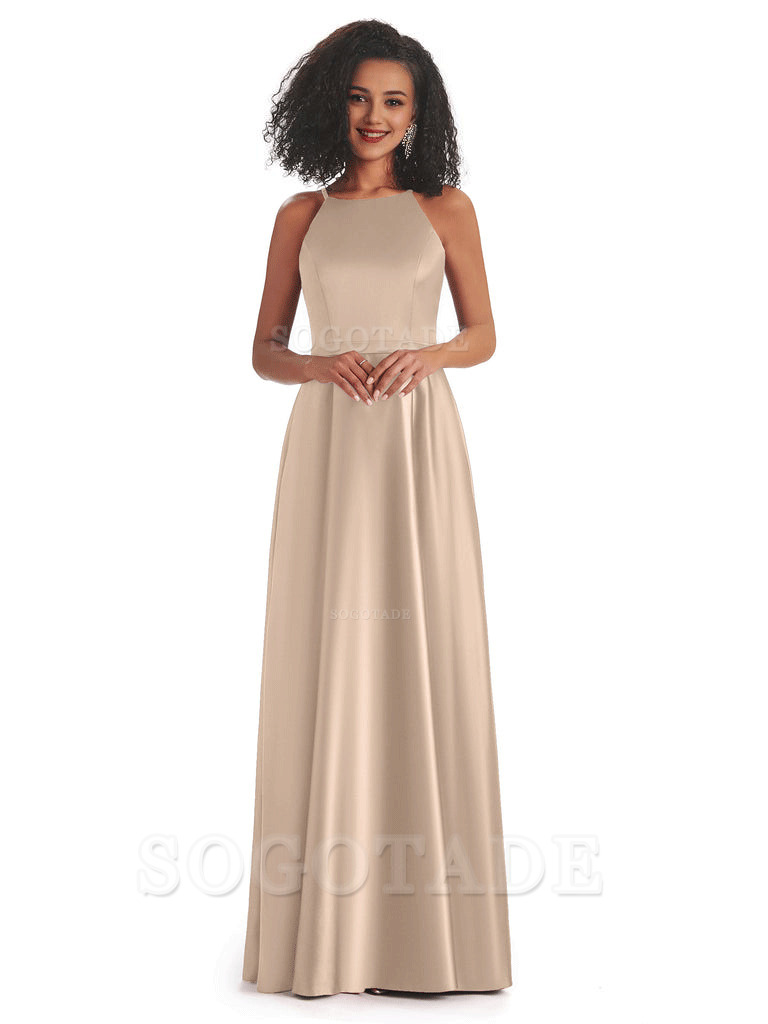 Soft Satin A-Line Halter Floor-Length Modern African Bridesmaid Dresses