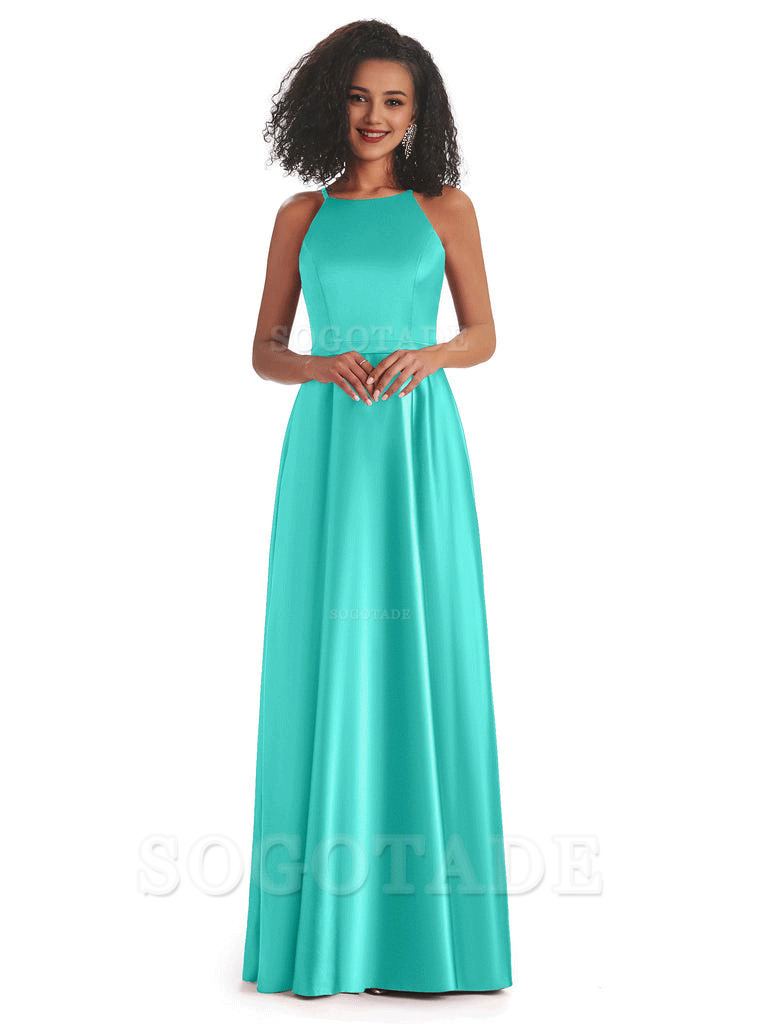 Soft Satin A-Line Halter Floor-Length Modern African Bridesmaid Dresses