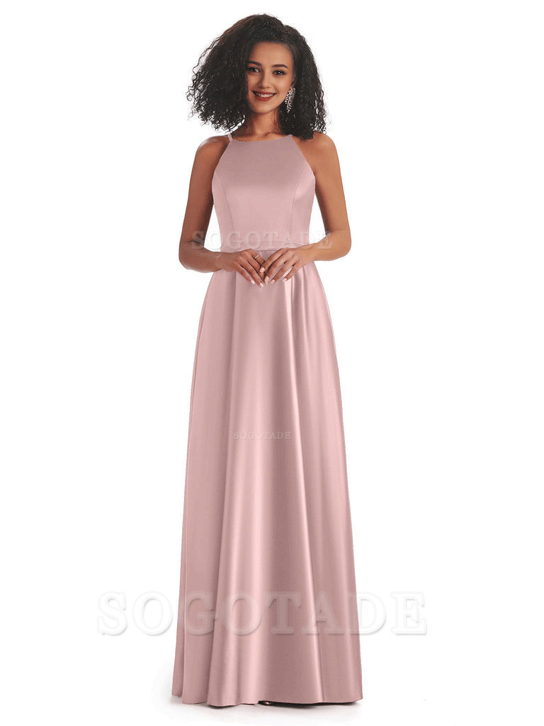 Soft Satin A-Line Halter Floor-Length Modern African Bridesmaid Dresses