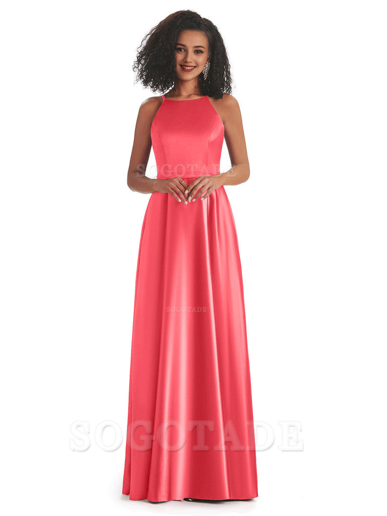 Soft Satin A-Line Halter Floor-Length Modern African Bridesmaid Dresses