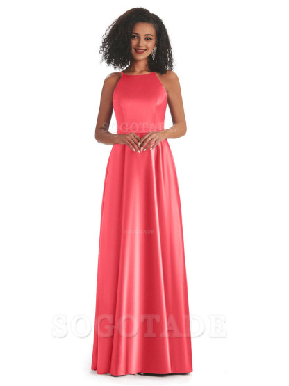 Soft Satin A-Line Halter Floor-Length Modern African Bridesmaid Dresses