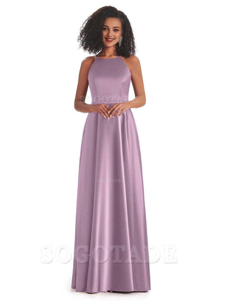 Soft Satin A-Line Halter Floor-Length Modern African Bridesmaid Dresses