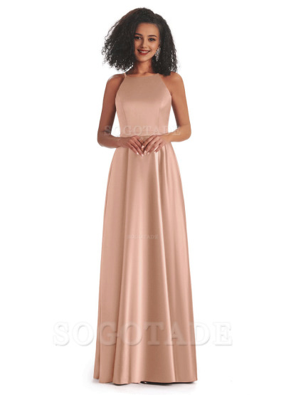 Soft Satin A-Line Halter Floor-Length Modern African Bridesmaid Dresses