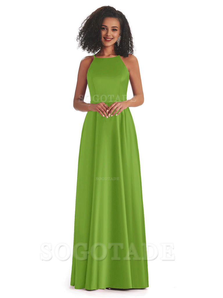 Soft Satin A-Line Halter Floor-Length Modern African Bridesmaid Dresses