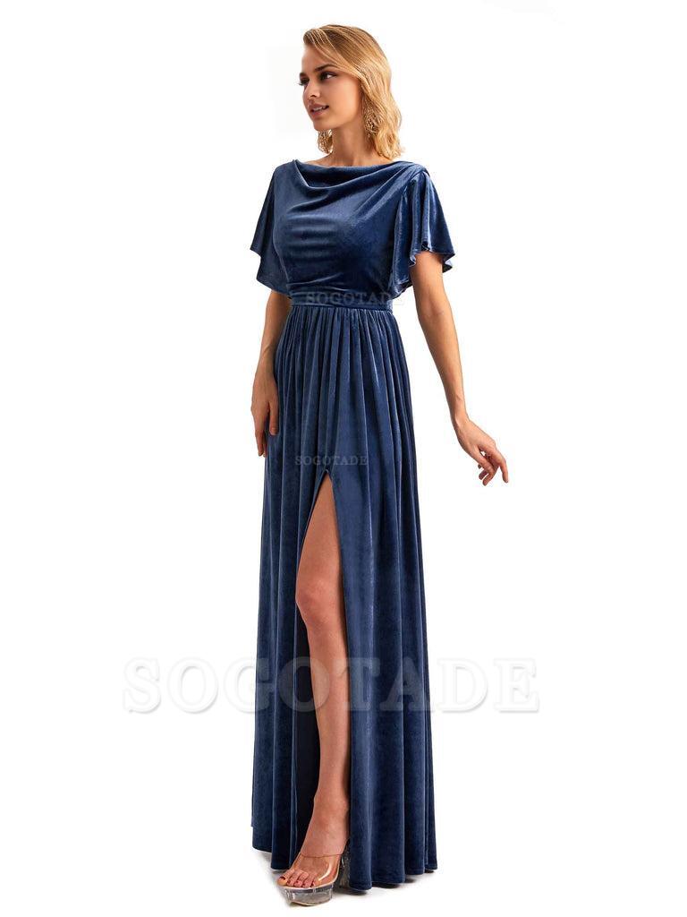 Elegant A-Line Jewel Bat Sleeves Velvet Side Slit Long Bridesmaid Dresses