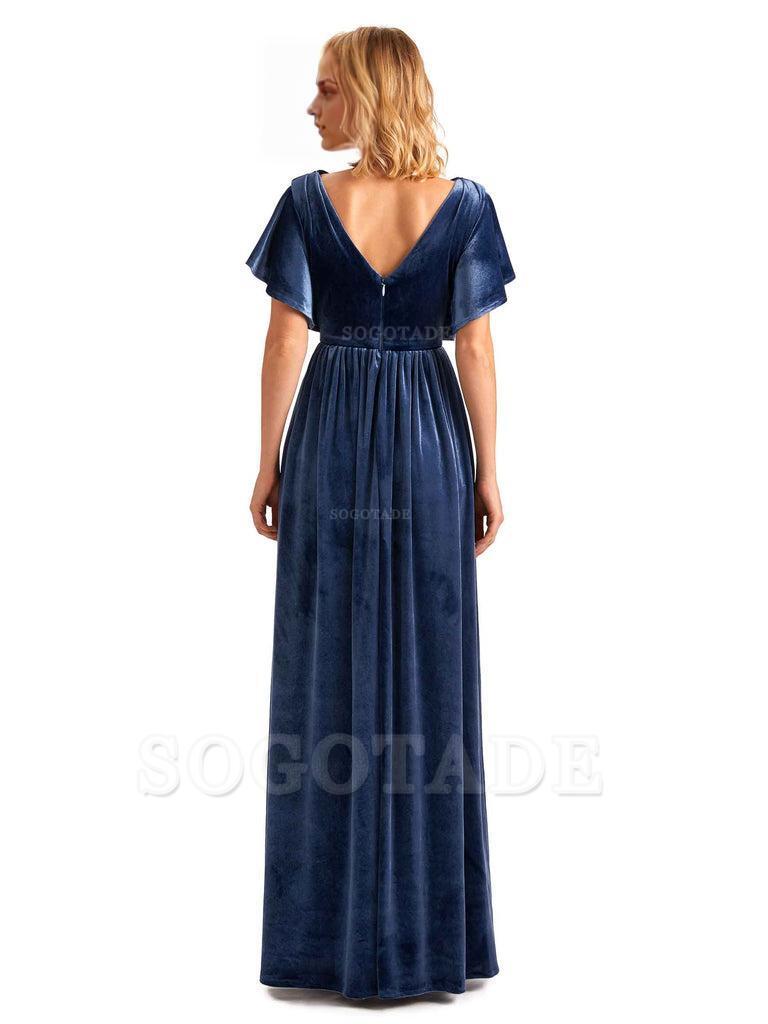 Elegant A-Line Jewel Bat Sleeves Velvet Side Slit Long Bridesmaid Dresses