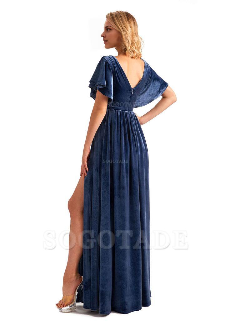 Elegant A-Line Jewel Bat Sleeves Velvet Side Slit Long Bridesmaid Dresses