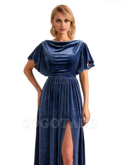 Elegant A-Line Jewel Bat Sleeves Velvet Side Slit Long Bridesmaid Dresses