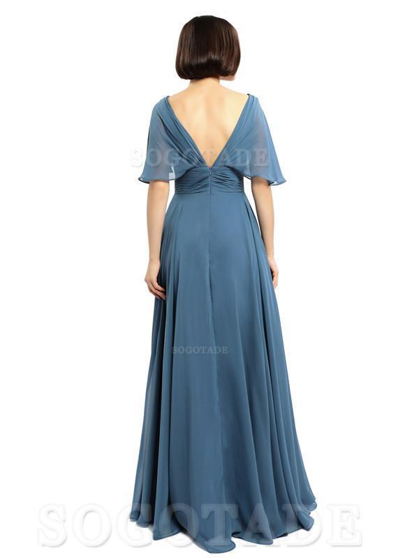  V-Neck Cap Sleeves Sleeves Chiffon Long Elegant Bridesmaid Dresses Formal Wear Dresses