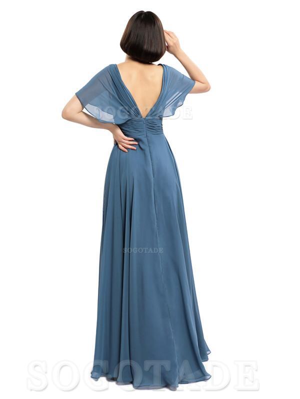  V-Neck Cap Sleeves Sleeves Chiffon Long Elegant Bridesmaid Dresses Formal Wear Dresses