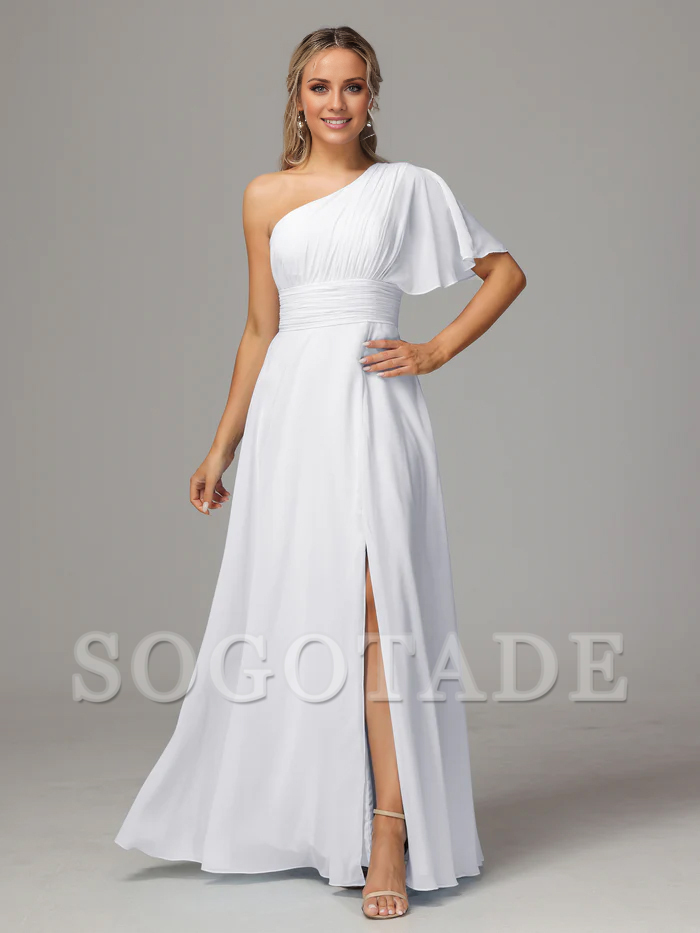 Asymmetric collar single sleeve pleated chiffon side slit and floor length bridesmaid dress