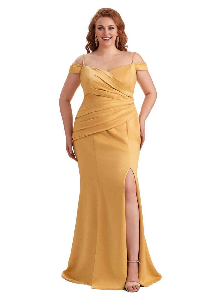 Elegant Cold Shoulder Side Slit Mermaid Soft Satin Long Plus Size Bridesmaid Gowns