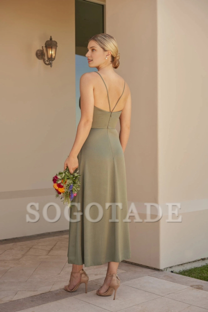 Thin shoulder strap V-shaped cross neckline bow front slit bridesmaid dress