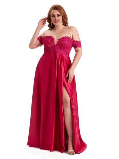 Off Shoulder Side Slit Lace Soft Satin Long Plus Size Bridesmaid Dresses For Wedding