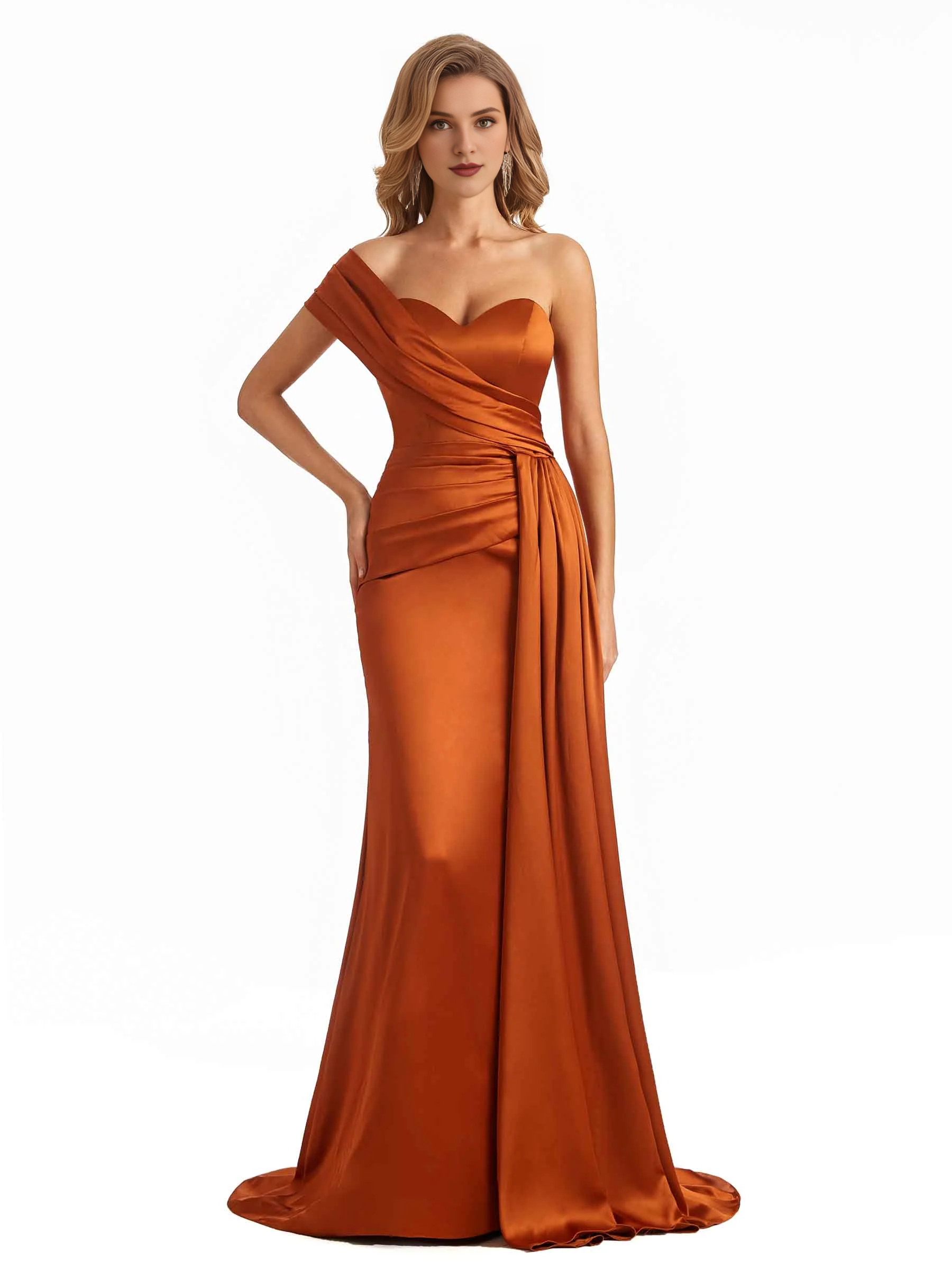 Elegant one shoulder soft satin long fish tail bridesmaid dress
