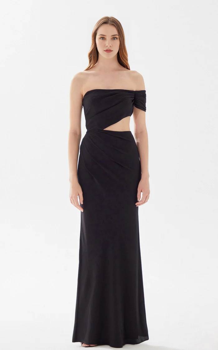 A-line heart-shaped collar shoulder baring tight fitting and floor length evening dress-SOGOTADE