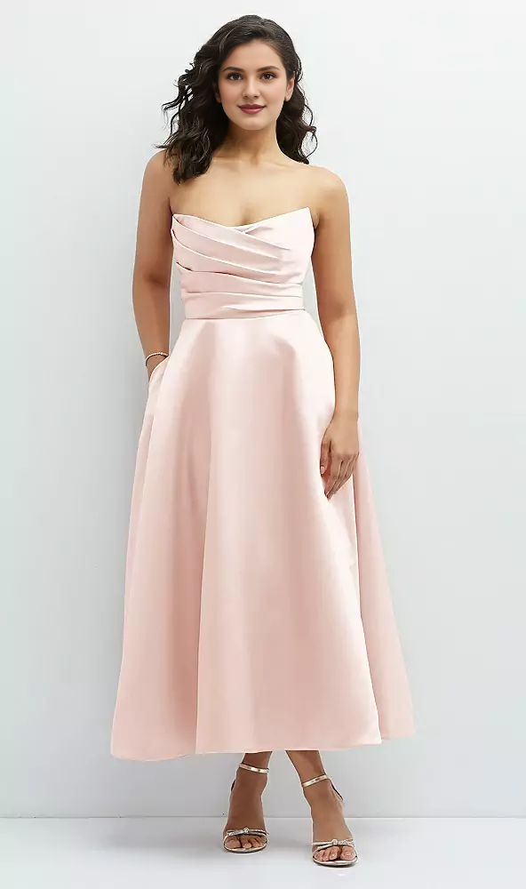 Hanging pleated tight corset strapless satin Prom dress