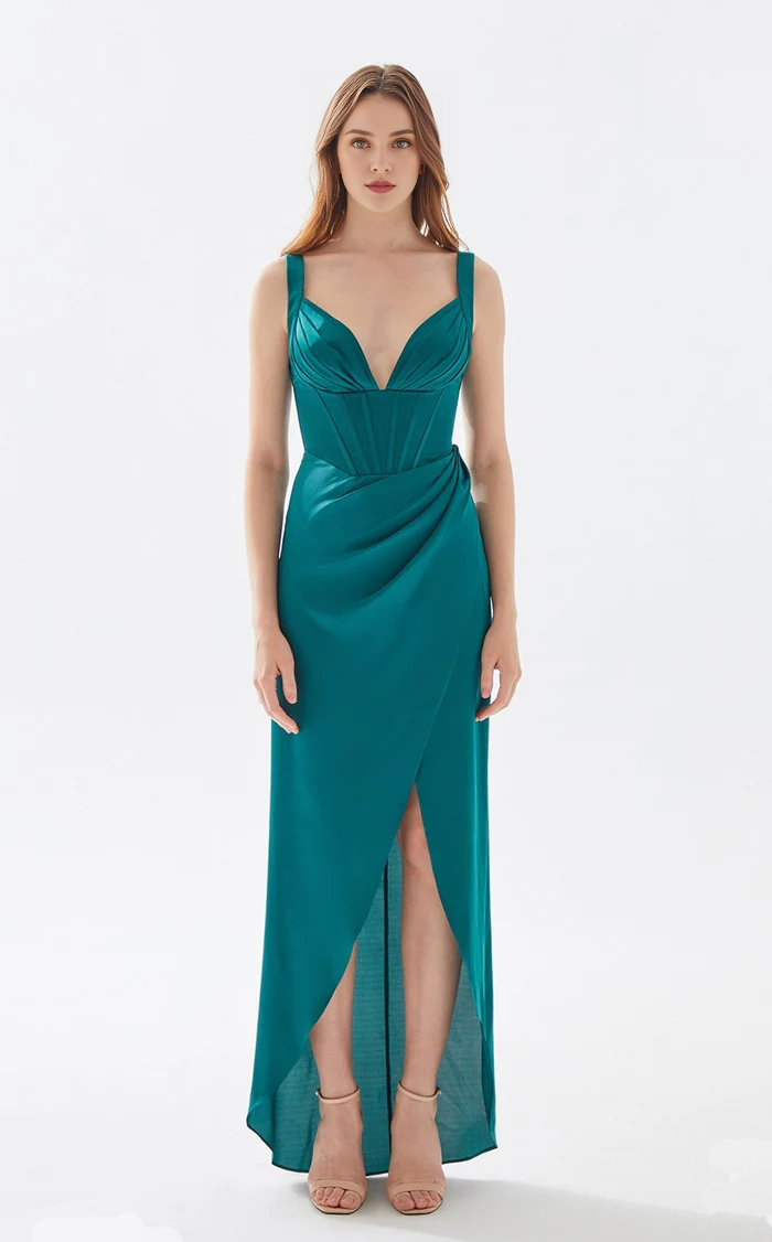 Deep V-neck sleeveless high slit and floor length evening dress