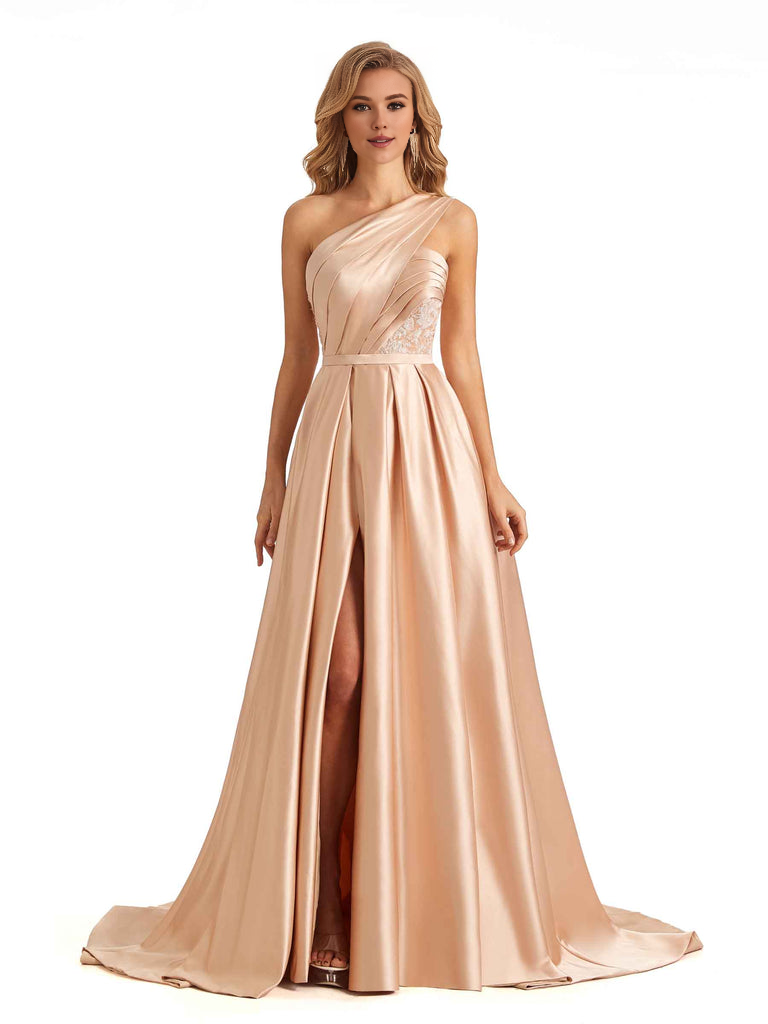 Sexy Side Slit One Shoulder A-Line Soft Satin Long Bridesmaid Dresses Online prom dress in store