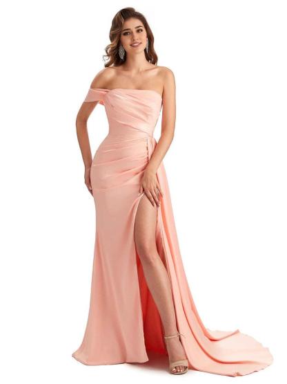 Sexy One Shoulder Side Slit Mermaid Soft Satin Long Women Bridesmaid Dresses Online