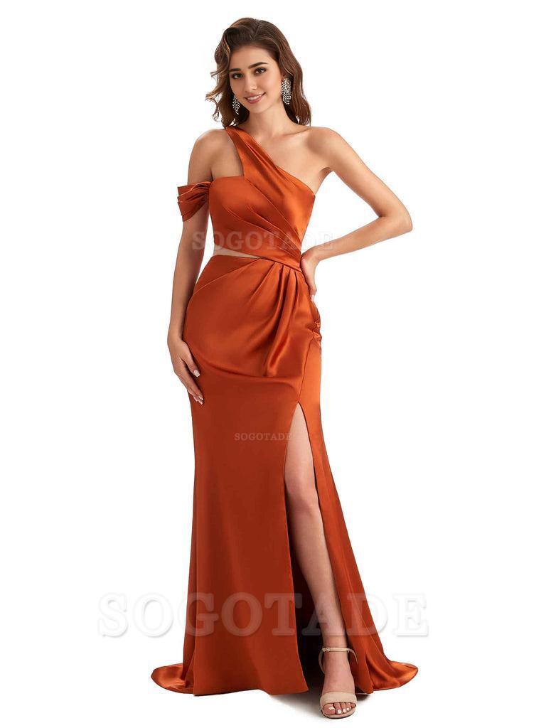 Sexy Side Slit Mermaid Soft Satin One Shoulder Long Unique Bridesmaid Dresses