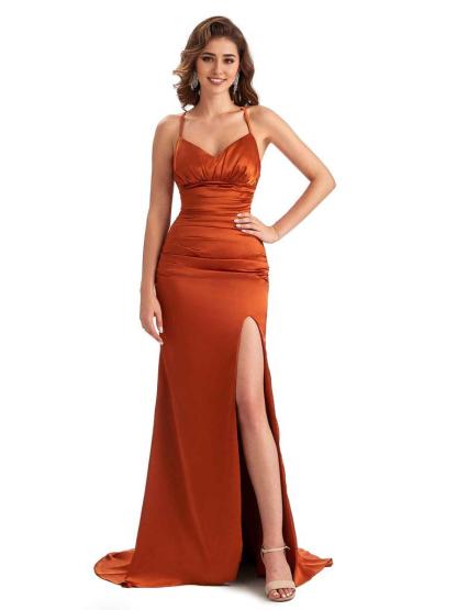 Sexy Mermaid Silky Satin Side Slit One Shoulder Unique Long Wedding Guest Dresses