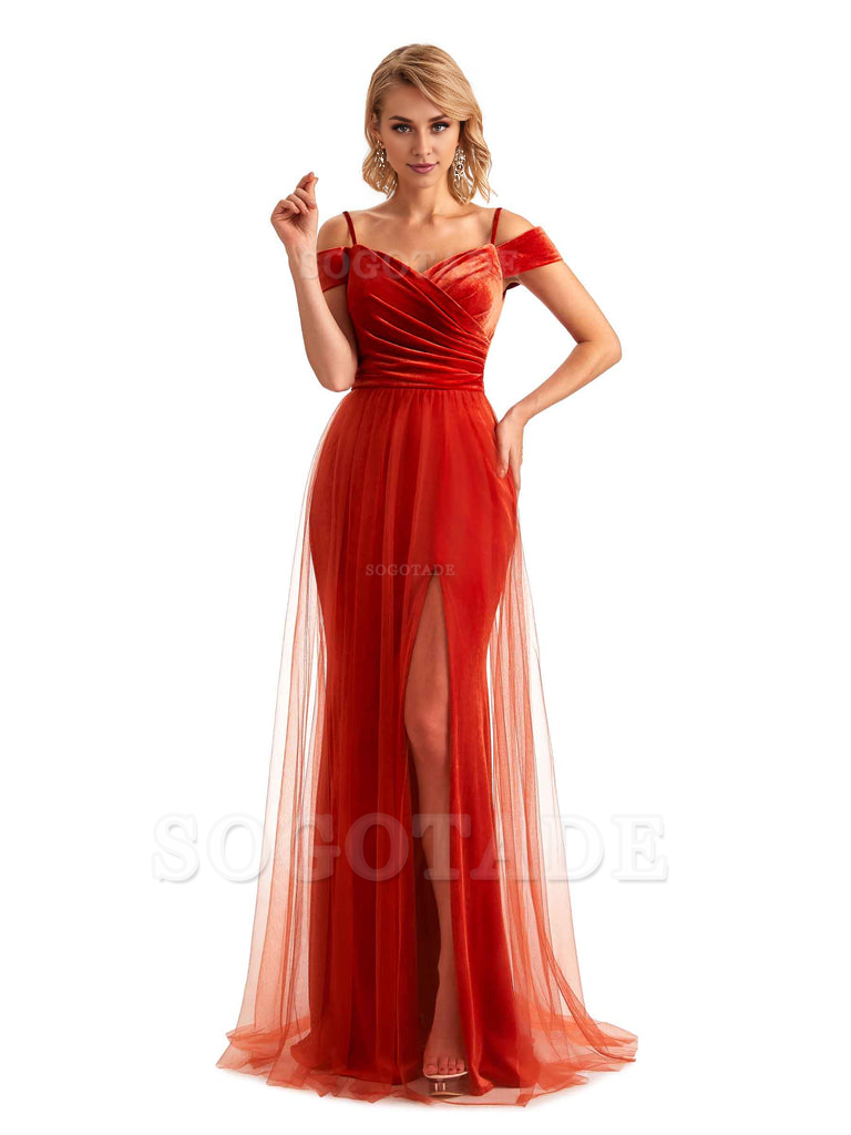 Elegant Mermaid Spaghetti Straps Floor Length Cold Shoulder Side Slit Tulle Velvet Long Bridesmaid Dresses