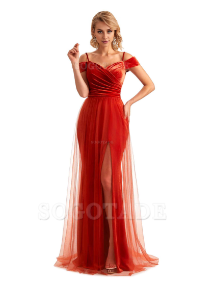 Elegant Mermaid Spaghetti Straps Floor Length Cold Shoulder Side Slit Tulle Velvet Long Bridesmaid Dresses