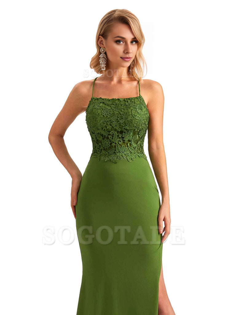 Sexy Side Slit Spaghetti Straps Open Back Mermaid Lace Applique Long Formal Bridesmaid Dresses