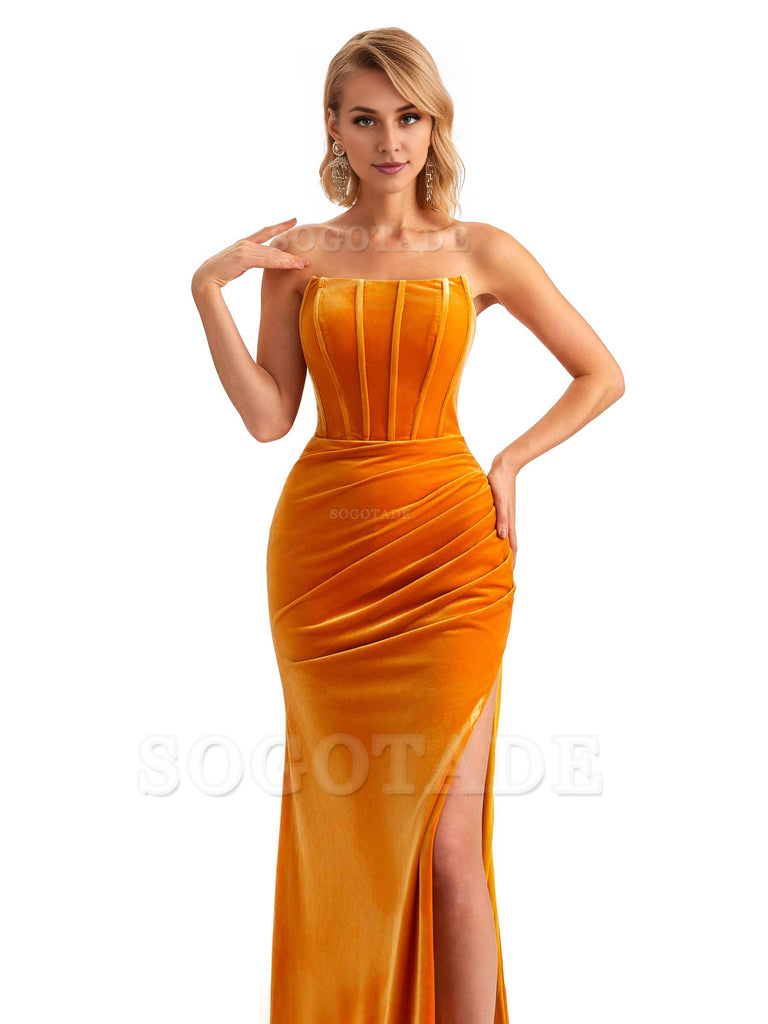  Sexy Side Hight Slit Sleeveless Mermaid Strapless Velvet Long Bridesmaid Dresses Online