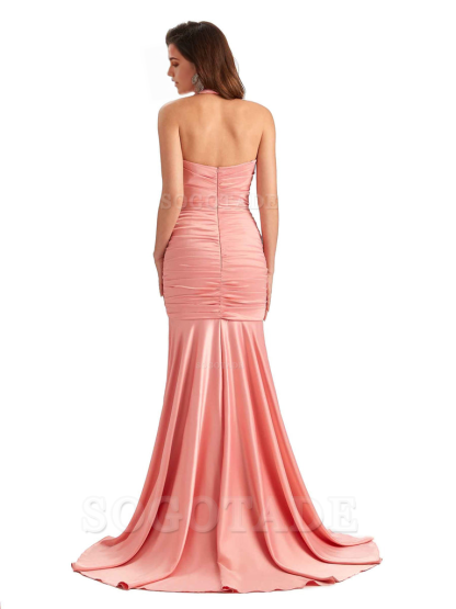 Mermaid Halter V-neck Satin formal dresses evening gown Bridesmaid Dresses With Side Slit 