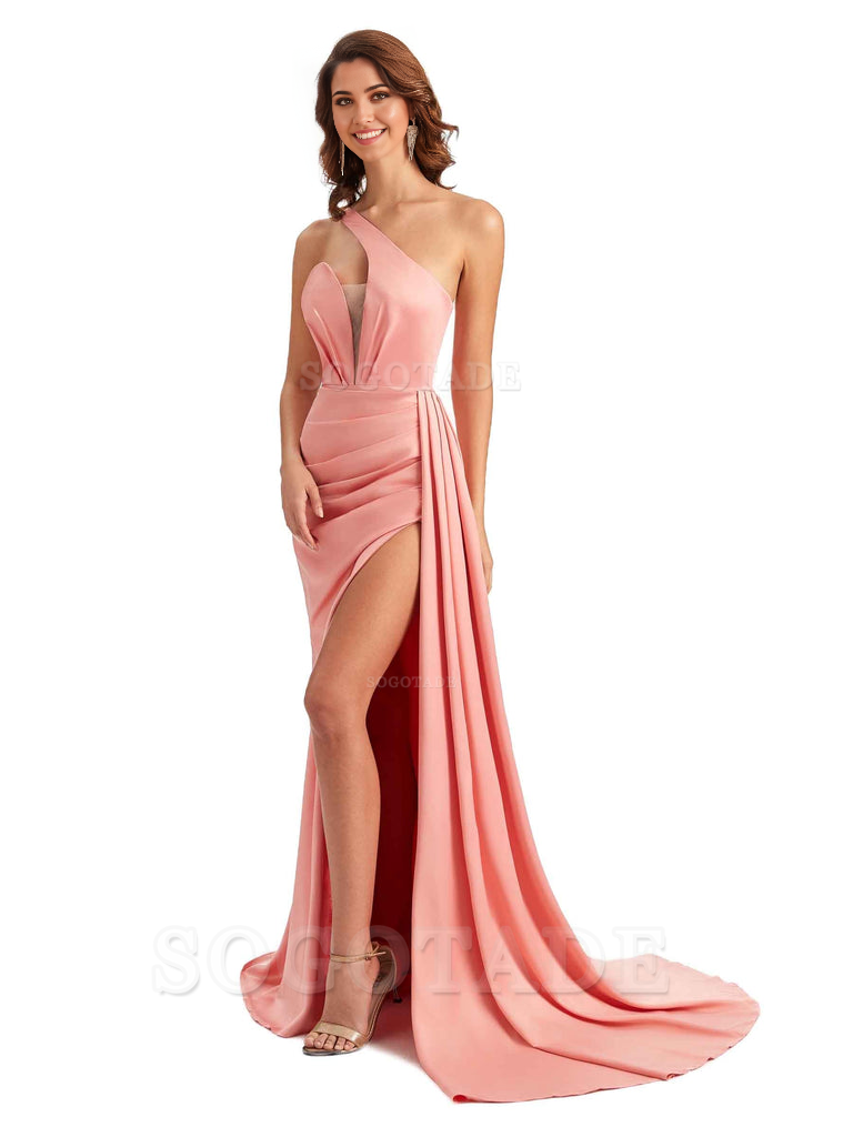 Mermaid One Shoulder Satin formal dresses evening gown Bridesmaid Dresses With Side Slit