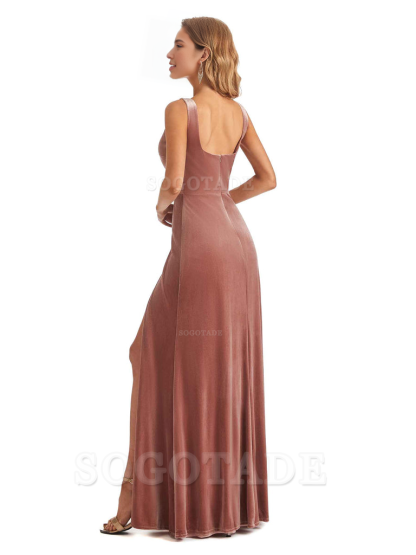 Elegant A Line Sheath Velvet Square Side Fork Long Bridesmaid Dresses Formal Women's Dresses Wedding Guests Dresses