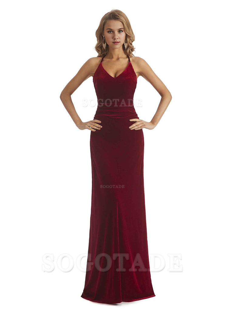 Elegant V-Neck Halter Backless Mermaid Velvet Long Wedding Party Dresses Bridesmaid Dresses Formal Women's Dresses Wedding Guests Dresses