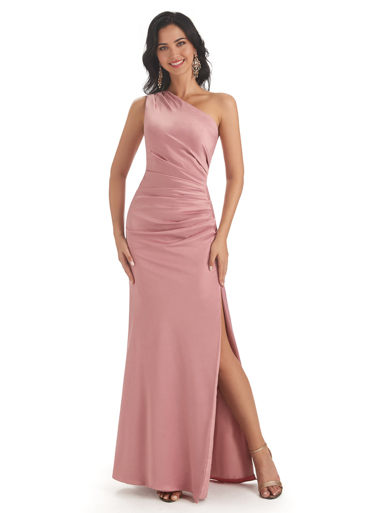 Mermaid One Shoulder Satin formal dresses evening gown Bridesmaid Dresses With Side Slit 