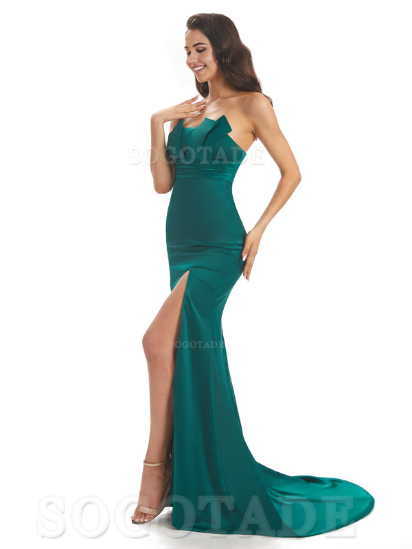 Mermaid sleeveless Satin formal dresses evening gown Bridesmaid Dresses With Side Slit 