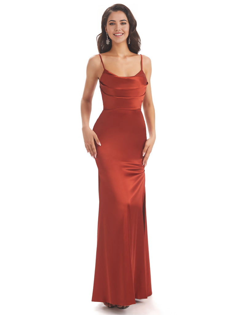 Mermaid Spaghetti Straps Satin formal dresses evening gown Bridesmaid Dresses With Side Slit 