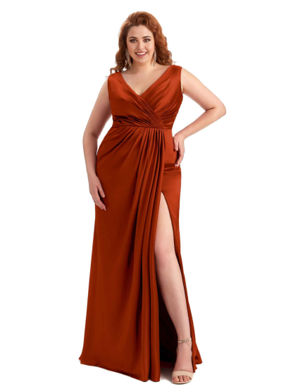 Mermaid V-Neck Satin formal dresses evening gown Bridesmaid Dresses With Side Slit 