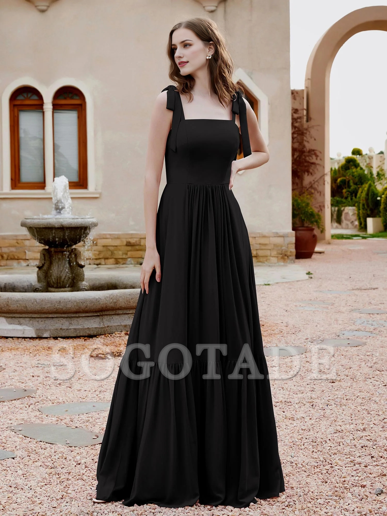 A-line butterfly bow ruffle sleeveless chiffon bridesmaid dress-SOGOTADE