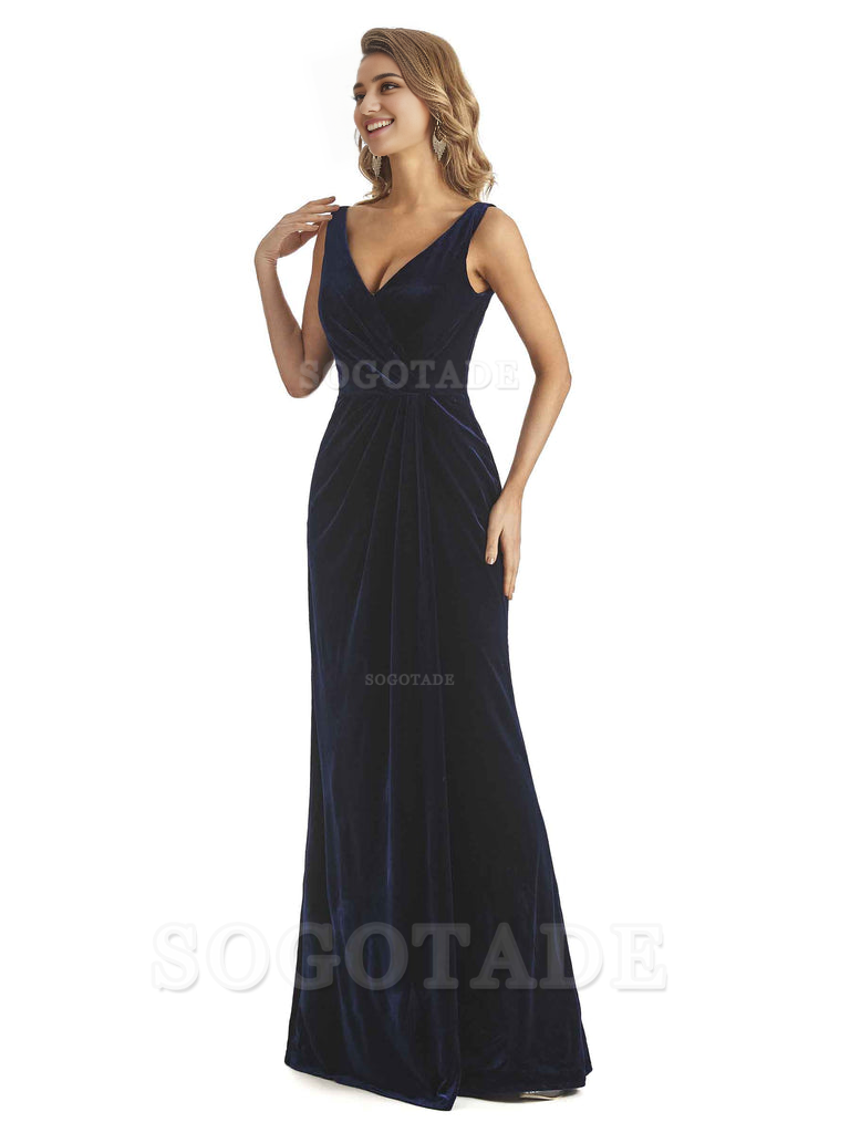 V-Neck Sexy Side Slit Spaghetti Straps Pleated Velvet Long Bridesmaid Dresses Formal Wear Dresses