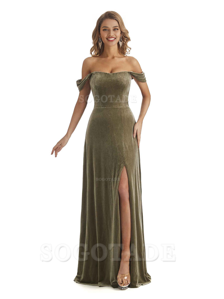 Elegant Mermaid Off The Shoulder Unique Velvet Side Slit Backless Long Bridesmaid Dresses Formal Wear Dresses