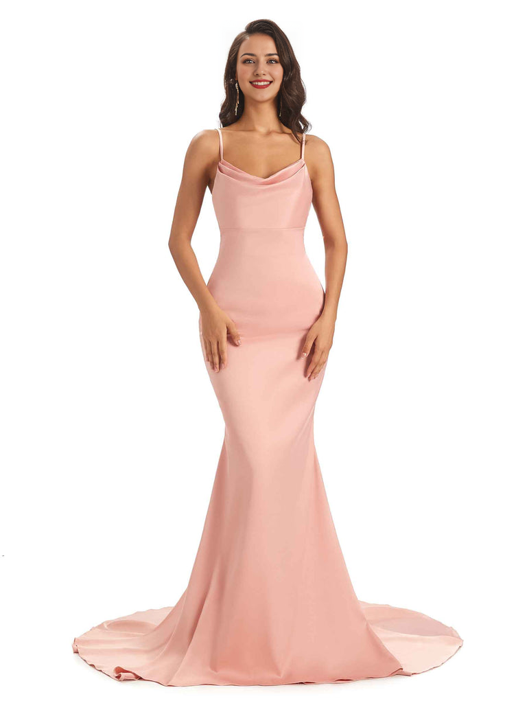 Sexy Backles Soft Satin Spaghetti Straps Maxi Mermaid Bridesmaid Dresses Online prom shop dresses